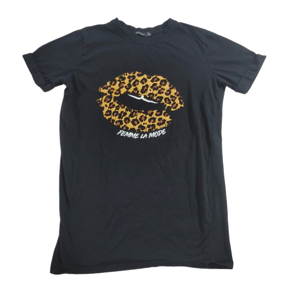 Boohoo Cheetah Lip Femme La Mode Black Short Sleeve T-shirt - 4 - Picture 1 of 8